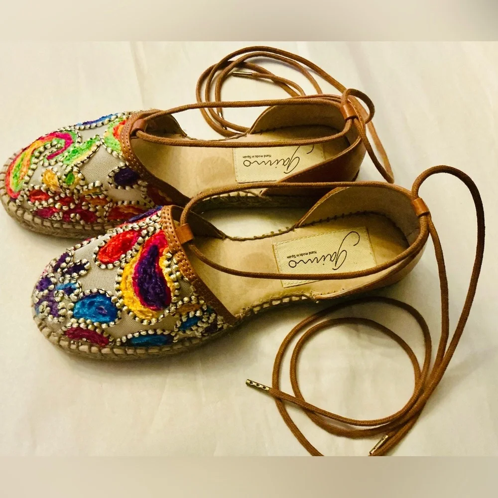 Gaimo Spain Boho Summer Embroidered Espadrille Ankle Tie Sandal Woman SZ 6.5-7